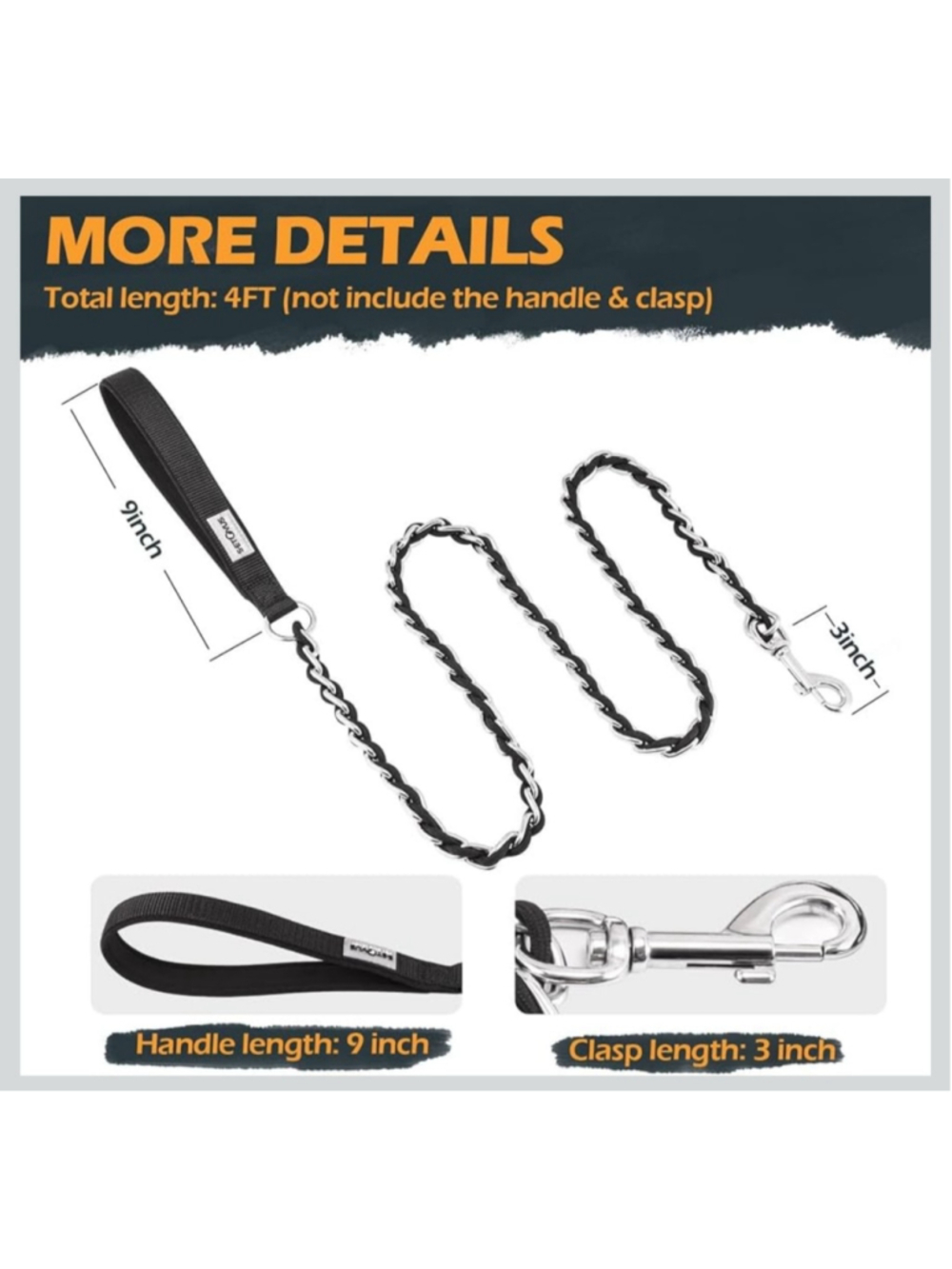 Chew Proof 4 FT Chain Leash Padded Handle Large Dogs Up To 80LBS Training Leash